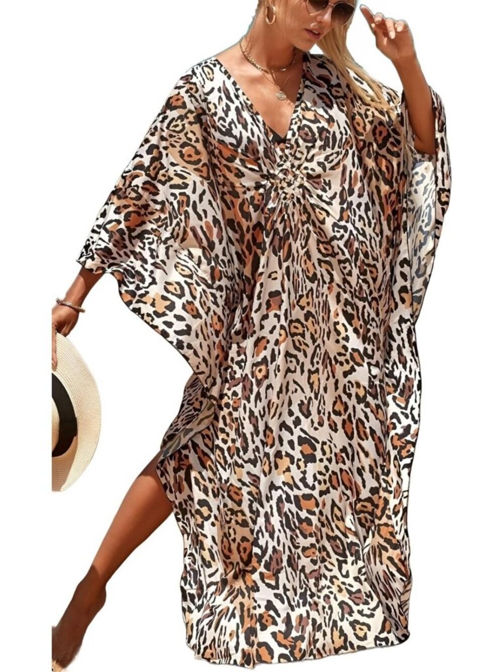 Plus Size Animal Print V-Neck Kaftan Beach Dress & Bathing Suit Cover-Up